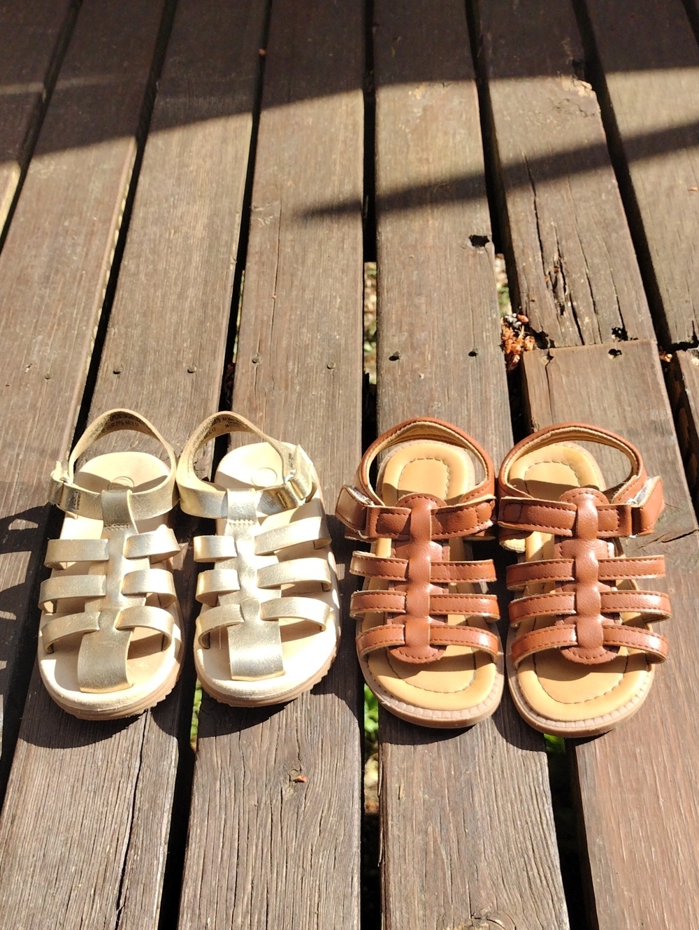 Set Of 2,Size10,Girls Strappy Sandals W/Velcro in Gold and Brown , Summer Shoes